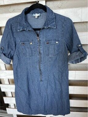 J Glee Denim/Chambray Dress Pockets Zip Front Women’s Size S Tab Roll 3/4Sleeves